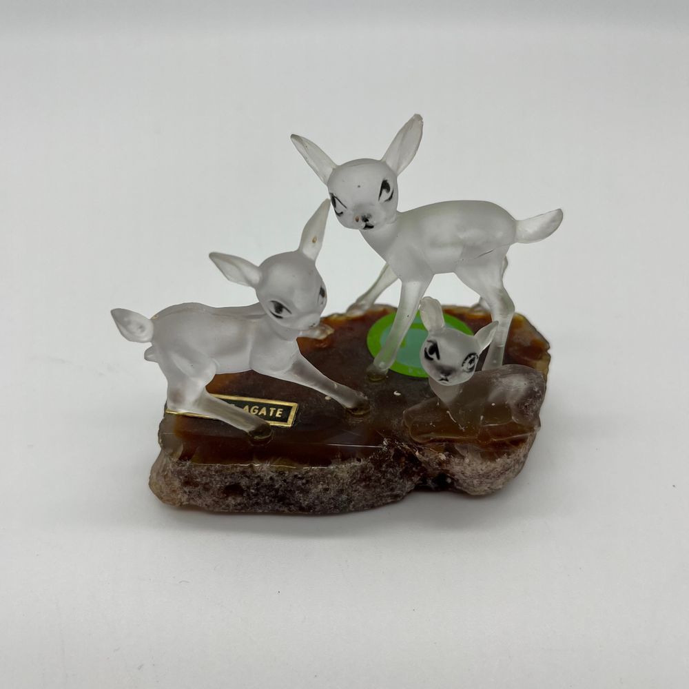 Vintage Frosted Glass Deer Family on Agate Figurine Collectible Yosemite